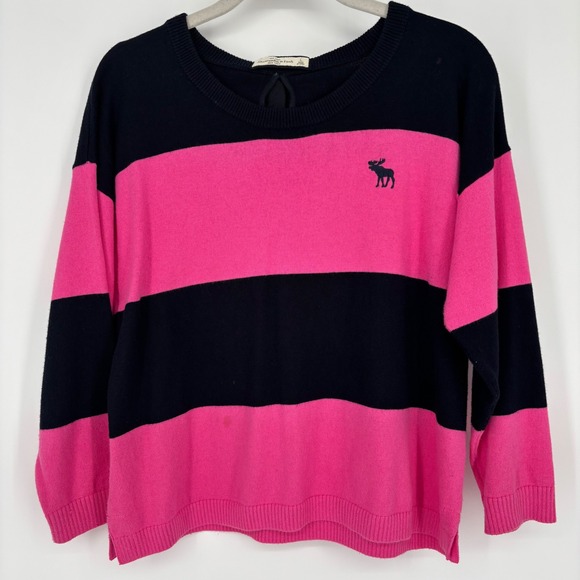 Abercrombie & Fitch Sweaters - Vintage Abercrombie & Fitch Stripe Sweater Sz‎ L Pink Black Bow Back Y2K 2000s